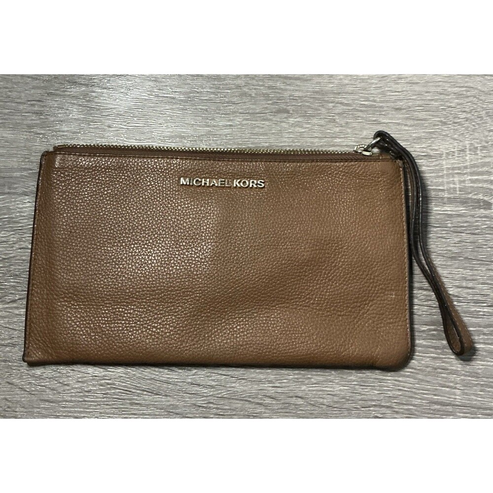 Michael Kors Jet Set Small Pebbled Leather Convertible Wristlet Brown/Gold Zip